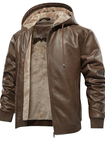 Men's Faux Leather Padded Bomber Jacket with Hood