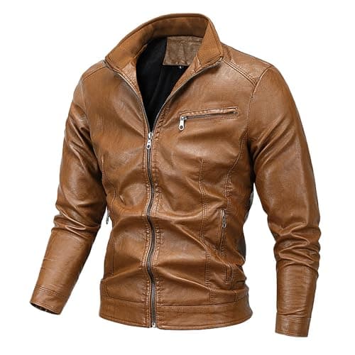 Vintage Men's Leather Stand Collar Faux Biker Jacket | Waterproof Long Sleeve