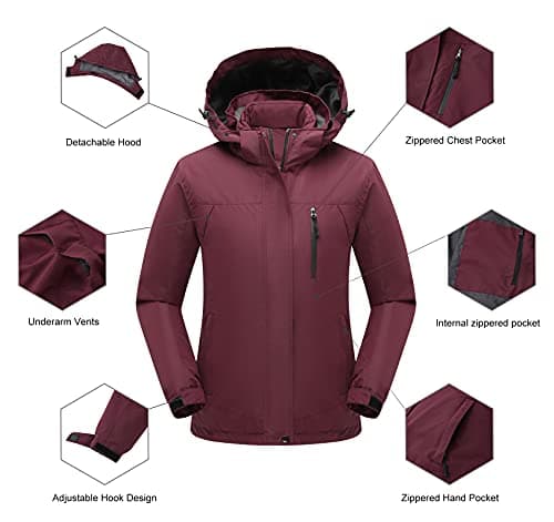 PTSOC Women's 3-in-1 Ski and Hike Jacket - Waterproof, Windproof, Warm Winter Snow Coat