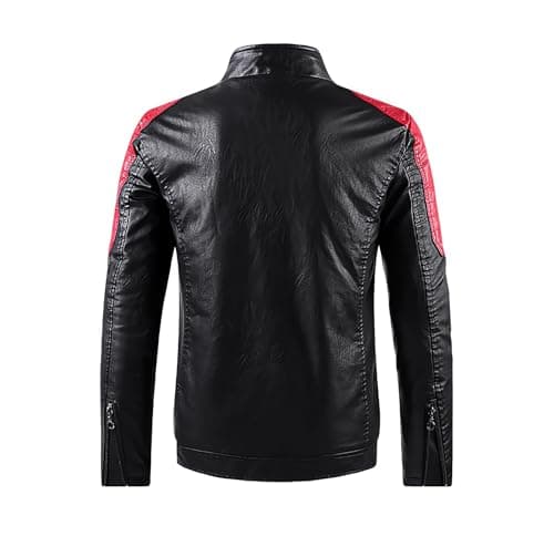 Mens Lightweight Color Block Faux Leather Racing Jacket Stand Collar