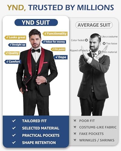 YND Men's Slim Fit Tuxedo Set with Shawl Collar Jacket Vest Pants Bow Tie