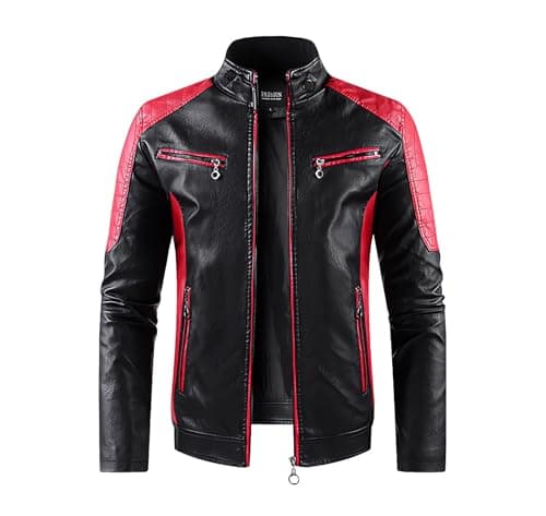 Mens Lightweight Color Block Faux Leather Racing Jacket Stand Collar