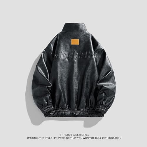 Men's Motorcycle Leather Jacket with Stand Collar and Pockets