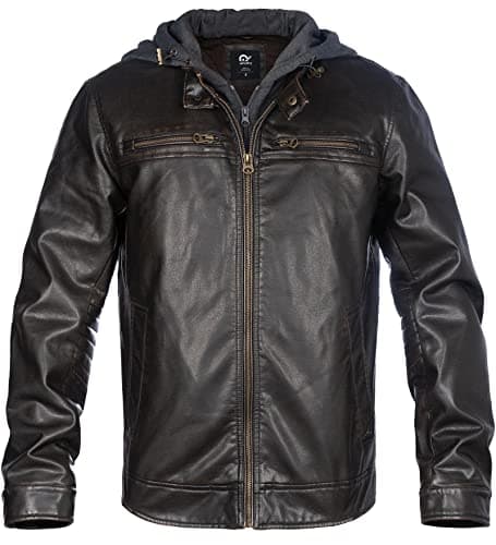 Whattry Men's Padded Faux Leather Windbreaker Jacket with Hood