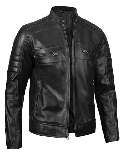 Cafe Racer Leather Jacket Men - Real Lambskin Natural Grain Motorcycle Jacket