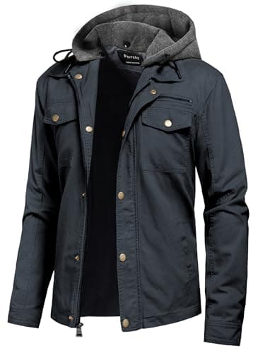 Pursky Men's Canvas Cotton Casual Field Jacket with Removable Hood