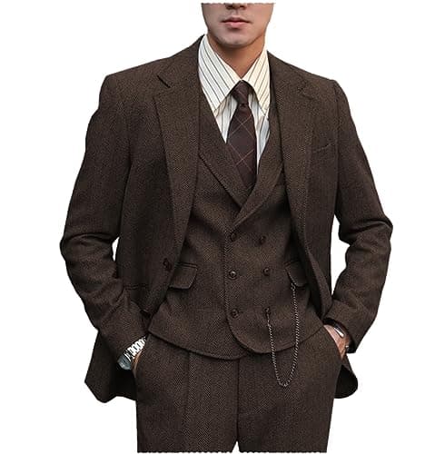 Tuikayoo Mens Formal Tweed Wool 3 Piece Slim Fit Suit Prom Tuxedo Groomsmen