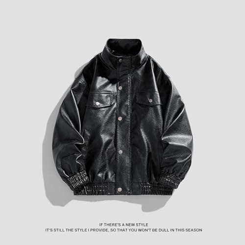 Men's Motorcycle Leather Jacket with Stand Collar and Pockets