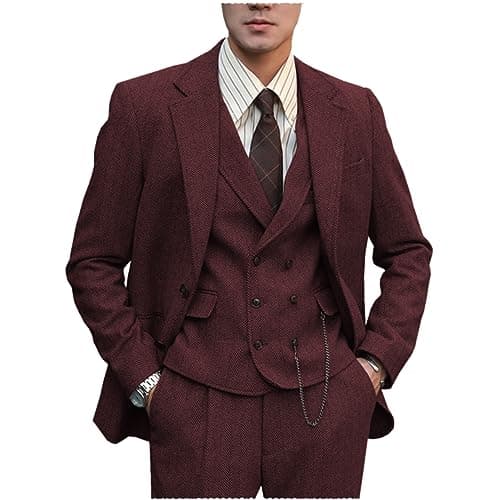 Tuikayoo Mens Formal Tweed Wool 3 Piece Slim Fit Suit Prom Tuxedo Groomsmen