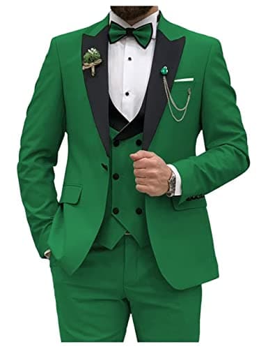 HUUTOE Men's Slim Fit Double Breasted Suit 3-Piece Wedding Prom Business Blazer Vest Pants Tie