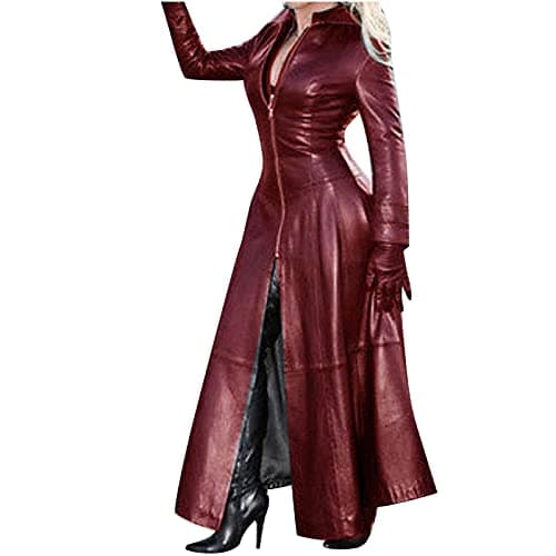 YMADREIG Women's Long Leather Trench Coat Zipper Fall Winter Slim Fit