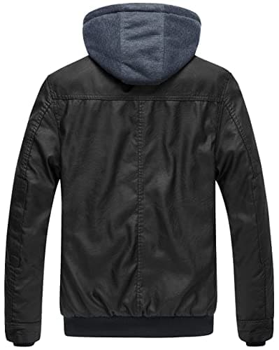 Wantdo Men's Faux Leather Hooded Motorcycle Jacket Warm Winter Coat