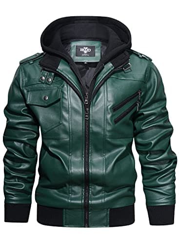 HOOD CREW Men's Casual PU Faux Leather Zip-Up Bomber Jacket with Removable Hood