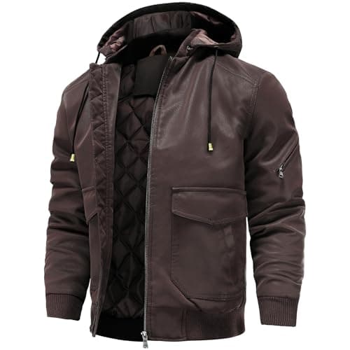 UNTMENU Men's Stand Collar Zip-Up Leather Motorcycle Jacket With Hood