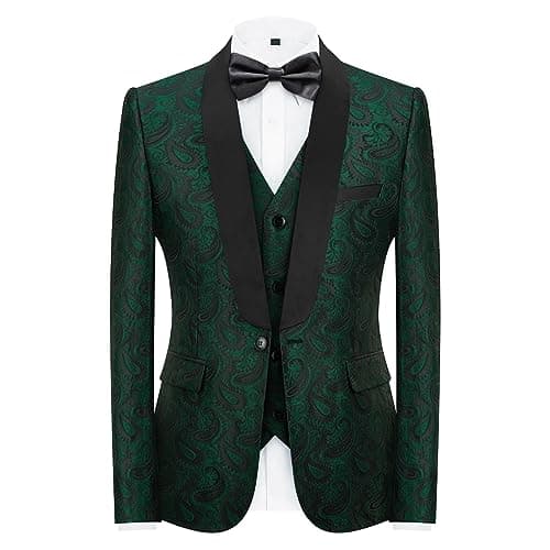 KUDMOL Mens Slim Fit Paisley Tuxedo Suit Prom Night One Button Blazer Vest Pants Set