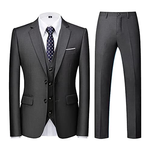 KUDORO Mens Slim Fit 3 Piece Tuxedo Suit Two Button Jacket & Trouser Vest Casual Wedding Prom