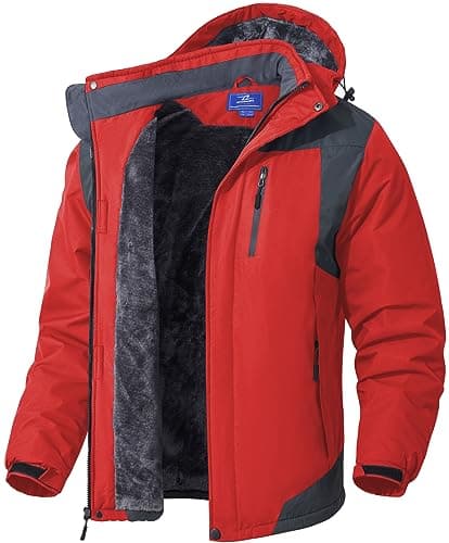 SPOSULEI Mens Waterproof Skiing Jacket with Hood Windproof Fleece Liner Multi Pockets