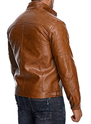 Men's Stand Collar Faux Leather Motorcycle Jacket by HOOD CREW