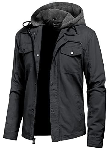 Pursky Men's Canvas Cotton Casual Field Jacket with Removable Hood