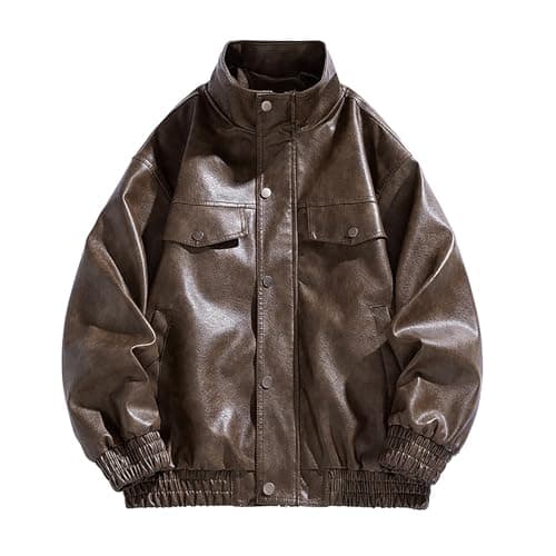 Men's Motorcycle Leather Jacket with Stand Collar and Pockets