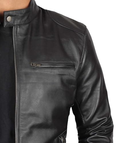 Decrum Mens Cafe Racer Style Real Lambskin Leather Jacket