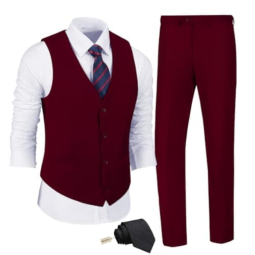 JPF Men's Slim Fit Suit Set - Solid Vest & Pants with Tie
