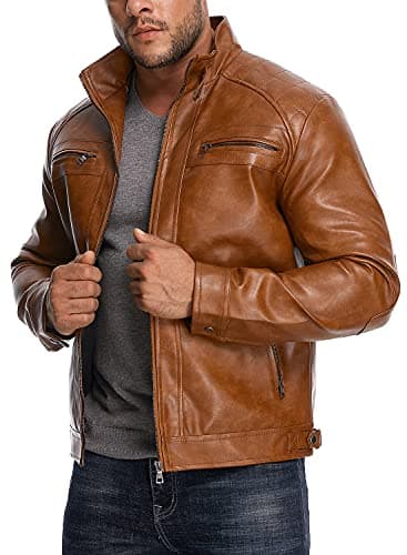 Men's Stand Collar Faux Leather Motorcycle Jacket by HOOD CREW