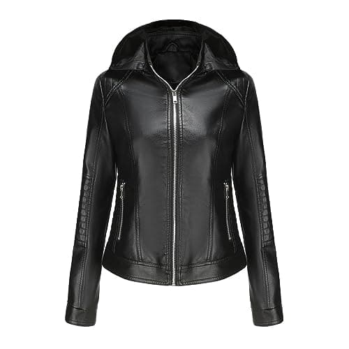 YMADREIG Women's Faux Leather Zip-Up Hooded Moto Jacket