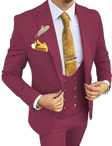 Wangyue Men's 3-Piece Slim Fit Double Breasted Suit for Business, Weddings & Proms
