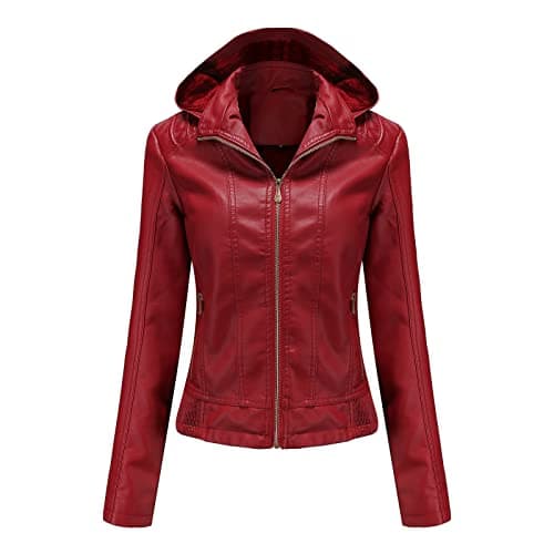 YMADREIG Women's Faux Leather Zip-Up Hooded Moto Jacket