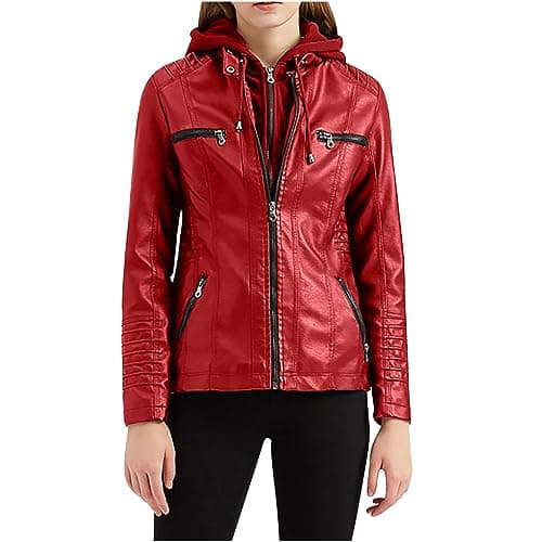YMADREIG Women's Faux Leather Zip-Up Hooded Moto Jacket