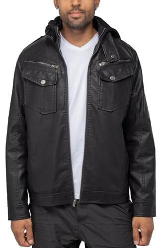 X RAY Men's Hooded PU Leather Jacket, Black, Large
