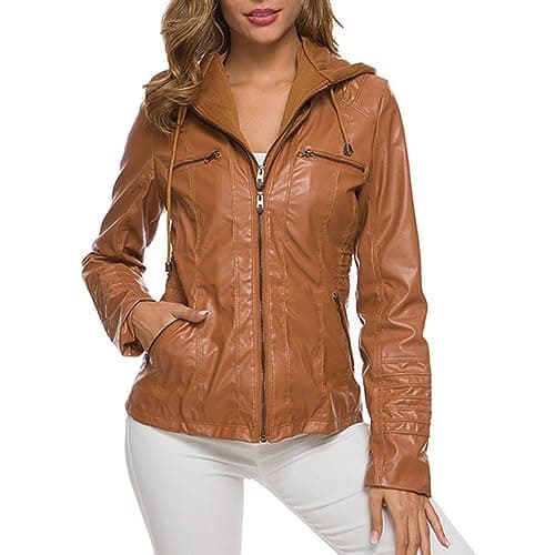 YMADREIG Women's Faux Leather Zip-Up Hooded Moto Jacket