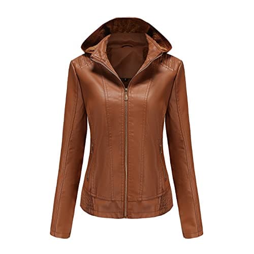 YMADREIG Women's Faux Leather Zip-Up Hooded Moto Jacket