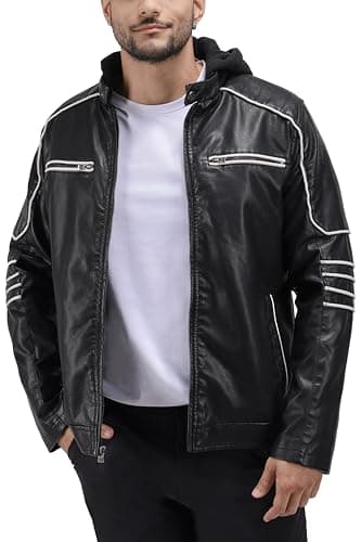 X RAY Men's Hooded PU Leather Jacket, Black, Large