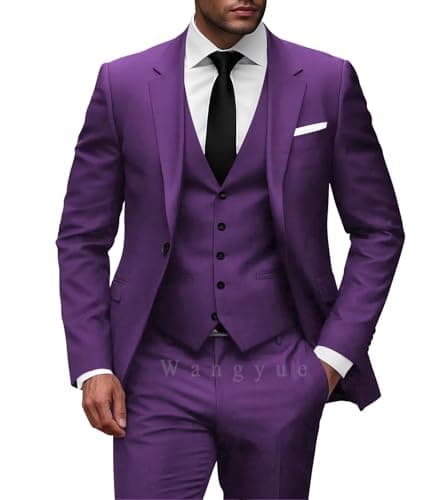 Wangyue Men Slim Fit 3-Piece Solid Wedding Suit Single Breasted Blazer Vest Pants Set