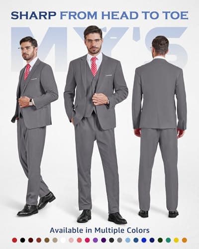 MY'S Men's Slim Fit 3PC Suit Set with One-Button Jacket, Pants & Tie