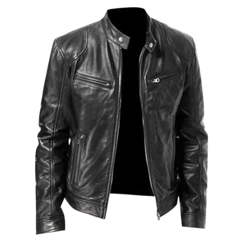 Black Mens Leather Motorcycle Jacket Lightweight Slim Fit Bomber Coat