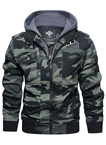 HOOD CREW Men's Casual PU Faux Leather Zip-Up Bomber Jacket with Removable Hood