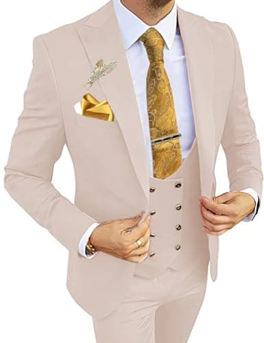 Wangyue Men's 3-Piece Slim Fit Double Breasted Suit for Business, Weddings & Proms