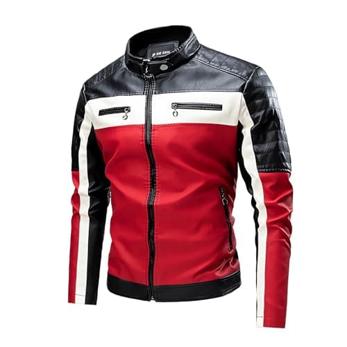 Mens Lightweight Color Block Faux Leather Racing Jacket Stand Collar