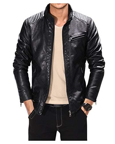Fairylinks Men's Black Slim Fit Lightweight Motorcycle Leather Jacket