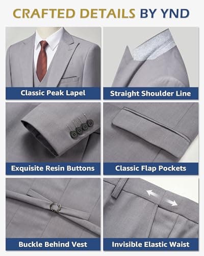 YND Men's Slim Fit 3-Piece Business Suit Set with Blazer & Vest