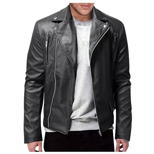 Black Mens Leather Motorcycle Jacket Lightweight Slim Fit Bomber Coat