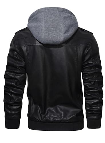 HOOD CREW Men's Casual PU Faux Leather Zip-Up Bomber Jacket with Removable Hood