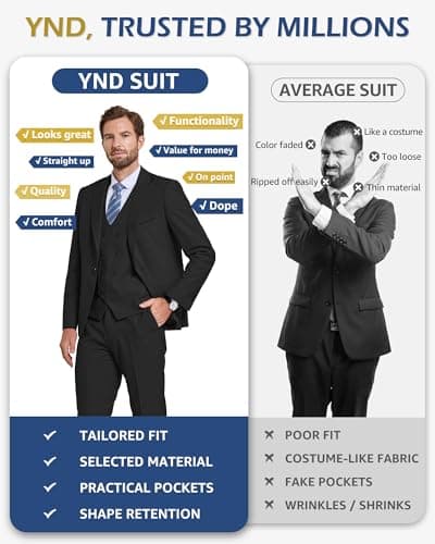 YND Men's Slim Fit 3-Piece Business Suit Set with Blazer & Vest