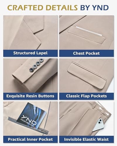 YND Men's Slim Fit 3 Piece Suit Set with One Button Blazer Vest Pants & Tie
