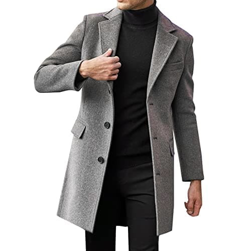 PETCDIM Men's Notched Collar Trench Coat Winter Warm Regular Fit Pea Jacket