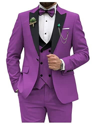 HUUTOE Men's Slim Fit Double Breasted Suit 3-Piece Wedding Prom Business Blazer Vest Pants Tie