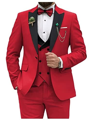 HUUTOE Men's Slim Fit Double Breasted Suit 3-Piece Wedding Prom Business Blazer Vest Pants Tie